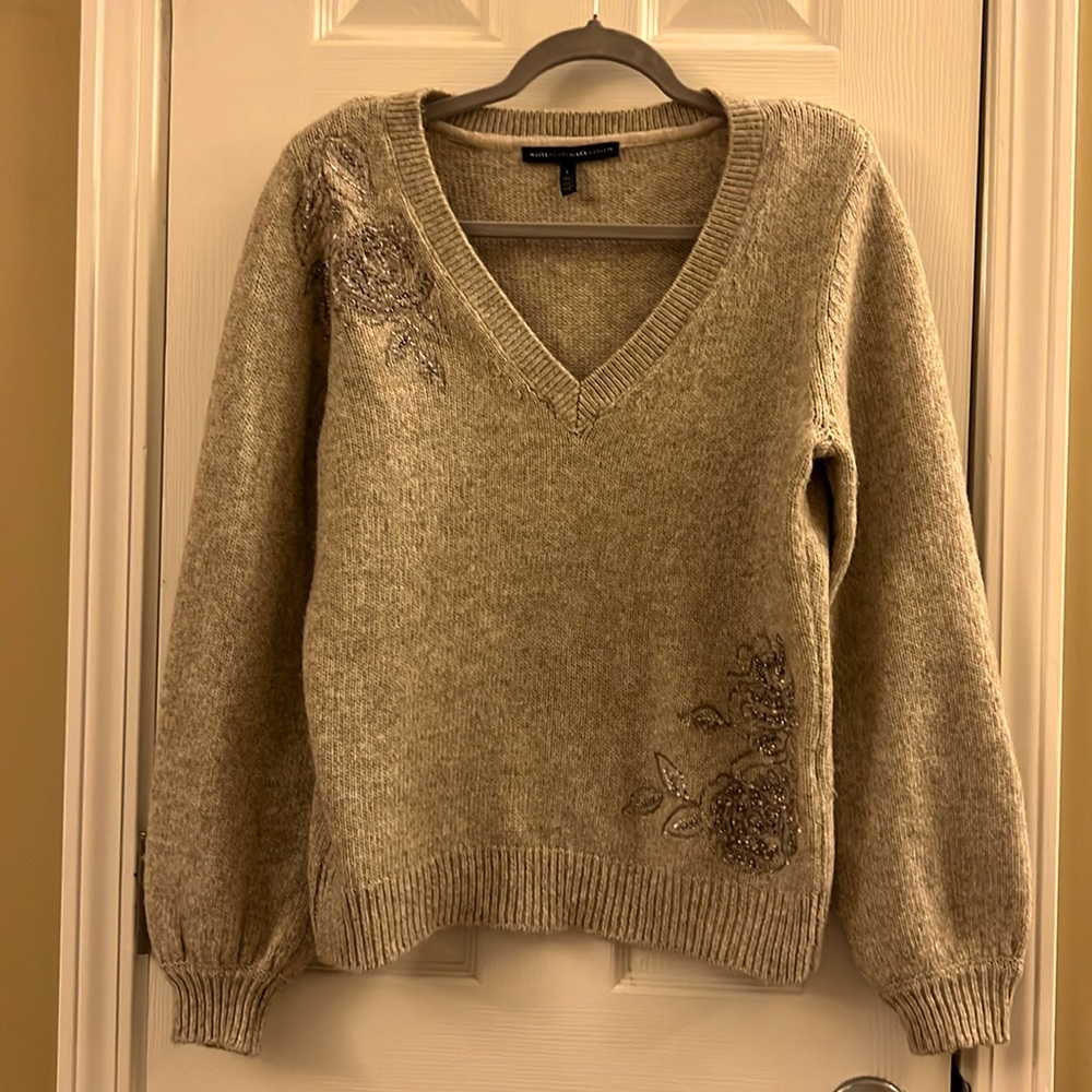 Grey White House Black Market Dressy V Neck Sweater with beading detail.